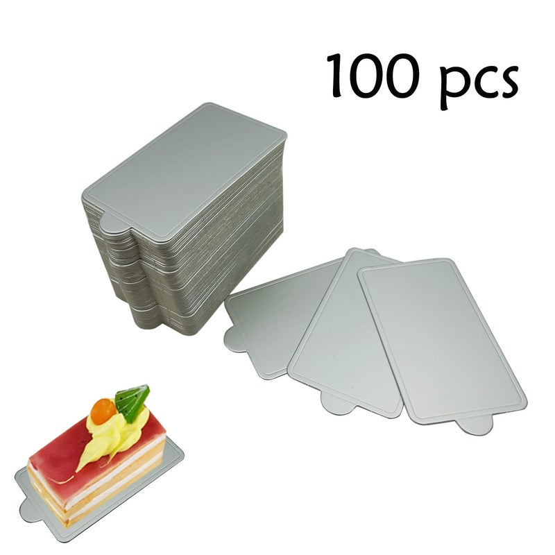 Proshopping 100 pcs 4.25"x2.36" Mini Cake Boards, Rectangular Silver Mousse Cake Cardboard Set, Cupcake Cake Base, Dessert Displays Tray, Disposable Paper Coasters - for Wedding Party Cake Pastry Cup - Image 3